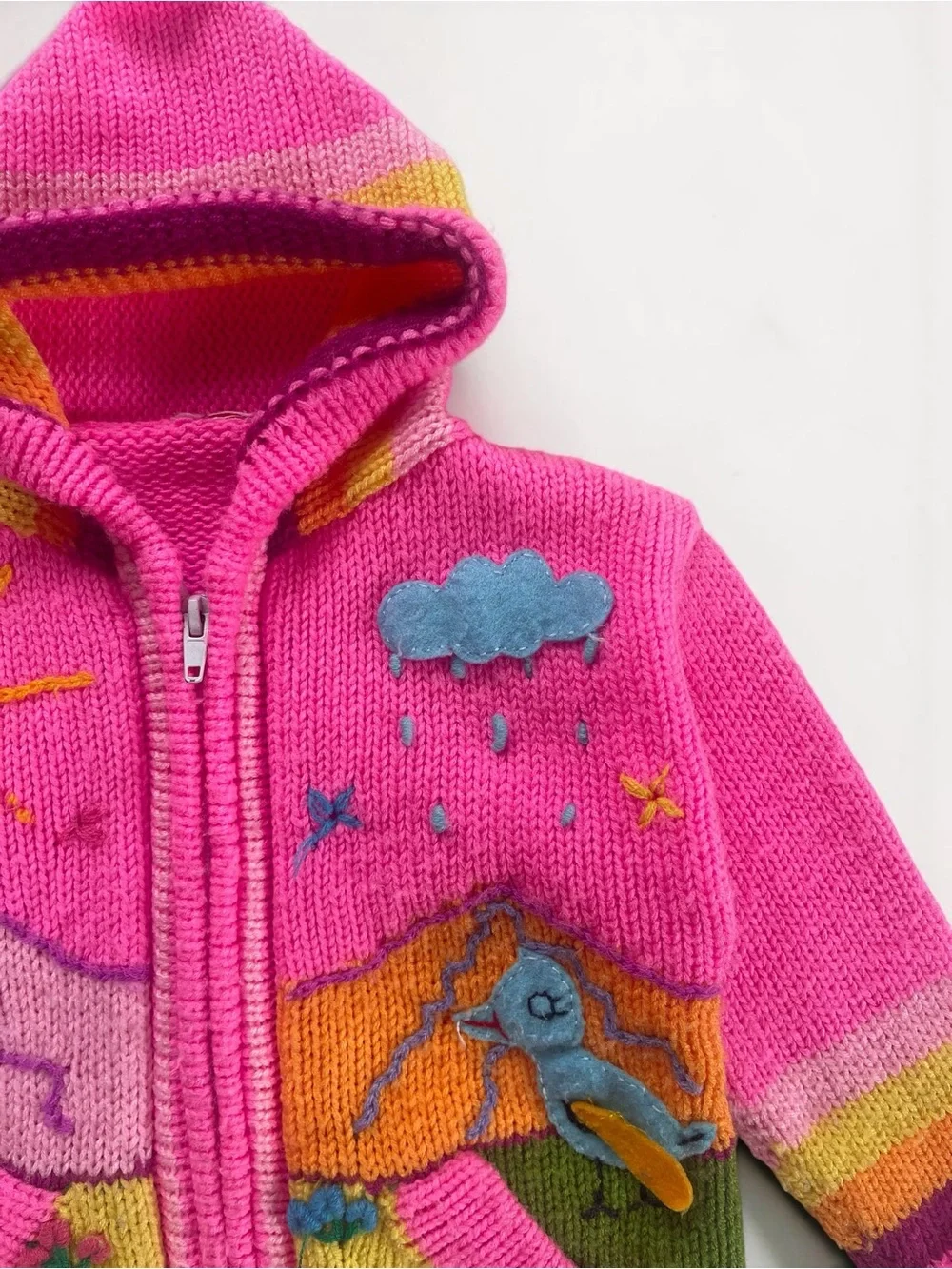 HANDMADE Neon Folk Art Storybook Landscape Hooded Knit Zip Up Cardigan